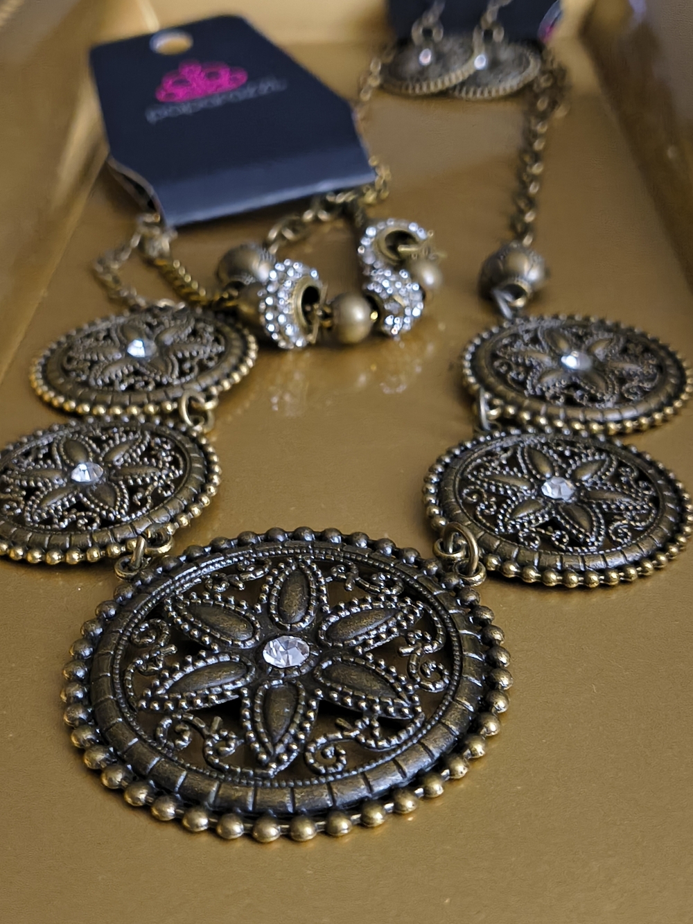 Brass Tone Filigree Medallion Necklace Set - Bracelet